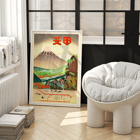 Fields of Color Yamanashi Prefecture by Japanese Railways vibrant mountain landscape artwork Poster of a colorful landscape with mountains and trees in Yamanashi Prefecture by Japanese Railways titled Fields of Color