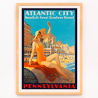 Atlantic City beach scene by Edward M Eggleston Poster titled Atlantic City Pennsylvania Railroad by Edward M Eggleston showing a woman in an orange swimsuit at a beach resort