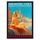 Atlantic City beach scene by Edward M Eggleston Poster titled Atlantic City Pennsylvania Railroad by Edward M Eggleston showing a woman in an orange swimsuit at a beach resort