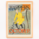 Illustration of a man riding a bicycle in autumn landscape Harper for October by Edward Penfield Poster of a man in a yellow outfit riding a bicycle with the title Harpers October by Edward Penfield displayed at the top and bottom.