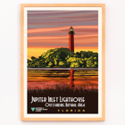 Artwork featuring Jupiter Inlet Lighthouse Outstanding Natural Area in Florida by unknown artist Poster of Jupiter Inlet Lighthouse Outstanding Natural Area in Florida with a sunset reflected on water and trees in the background
