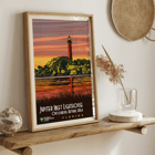 Artwork featuring Jupiter Inlet Lighthouse Outstanding Natural Area in Florida by unknown artist Poster of Jupiter Inlet Lighthouse Outstanding Natural Area in Florida with a sunset reflected on water and trees in the background
