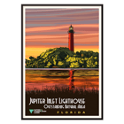 Artwork featuring Jupiter Inlet Lighthouse Outstanding Natural Area in Florida by unknown artist Poster of Jupiter Inlet Lighthouse Outstanding Natural Area in Florida with a sunset reflected on water and trees in the background