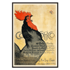 Ilustración de un gallo con texto de Théophile Alexandre Steinlen en Cocorico Póster presenta un gallo negro con cresta roja y texto que promociona Cocorico de Théophile Alexandre Steinlen sobre un fondo amarillo.