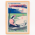 Woman boating on a serene river by William Carqueville Lippincott's June Poster of a woman in a boat with a striped dress and hat surrounded by reeds and water lilies Lippincott’s June by William Carqueville