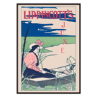 Woman boating on a serene river by William Carqueville Lippincott's June Poster of a woman in a boat with a striped dress and hat surrounded by reeds and water lilies Lippincott’s June by William Carqueville