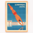 Schwimmbad Liestal by artist featuring a man diving into a pool Poster of Schwimmbad Liestal depicting a diver in mid-air above a pool with a modern building in the background.