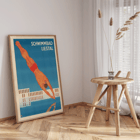 Schwimmbad Liestal by artist featuring a man diving into a pool Poster of Schwimmbad Liestal depicting a diver in mid-air above a pool with a modern building in the background.