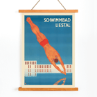 Schwimmbad Liestal by artist featuring a man diving into a pool Poster of Schwimmbad Liestal depicting a diver in mid-air above a pool with a modern building in the background.