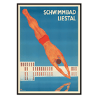 Schwimmbad Liestal by artist featuring a man diving into a pool Poster of Schwimmbad Liestal depicting a diver in mid-air above a pool with a modern building in the background.