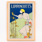 Illustration of a woman in a white dress picking flowers by William Carqueville titled Lippincott’s May Poster showing a woman picking flowers holding a book for Lippincott’s May by William Carqueville.