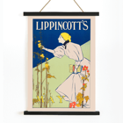 Illustration of a woman in a white dress picking flowers by William Carqueville titled Lippincott’s May Poster showing a woman picking flowers holding a book for Lippincott’s May by William Carqueville.