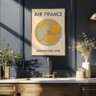 World map with Air France routes by E.Giraud artwork Vintage Air France travel poster by E.Giraud featuring a world map with reservation routes highlighted in red.