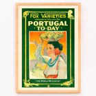Colorful vintage poster of a woman carrying grapes by William Fox titled Portugal Today Poster of Portugal Today by Anonymous featuring a woman in traditional attire carrying fruit on her head with colorful backdrop