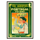 Colorful vintage poster of a woman carrying grapes by William Fox titled Portugal Today Poster of Portugal Today by Anonymous featuring a woman in traditional attire carrying fruit on her head with colorful backdrop