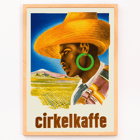 Cirkelkaffe by J.Olséns colorful poster featuring a person in a hat with a landscape background Poster Cirkelkaffe by J.Olséns featuring a side profile of a person in a large hat with green earrings and a scenic agricultural backdrop.
