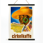 Cirkelkaffe by J.Olséns colorful poster featuring a person in a hat with a landscape background Poster Cirkelkaffe by J.Olséns featuring a side profile of a person in a large hat with green earrings and a scenic agricultural backdrop.