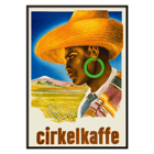 Cirkelkaffe by J.Olséns colorful poster featuring a person in a hat with a landscape background Poster Cirkelkaffe by J.Olséns featuring a side profile of a person in a large hat with green earrings and a scenic agricultural backdrop.