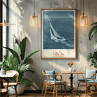 Segeln auf dem Nantucket Sound von Geo. I Wilcox, ausgestellt im Coffee Shop Hotel Syracuse Ein Vintage-Poster mit dem Titel „Coffee Shop Hotel Syracuse“ mit einem Segelboot auf dem Nantucket Sound und einer blau getönten Fotografie von Geo I Wilcox.