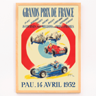 Vintage poster with race cars promoting Grands Prix de France by Jean Des Gachons Poster for Grands Prix de France by Jean Des Gachons featuring colorful race cars and event details for multiple locations
