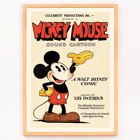 Pôster do Mickey Mouse com arte de Ub Iwerks intitulada Sound Cartoon Uma história em quadrinhos da Walt Disney mostrando o Mickey sorrindo com luvas amarelas e shorts vermelhos
