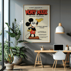 Pôster do Mickey Mouse com arte de Ub Iwerks intitulada Sound Cartoon Uma história em quadrinhos da Walt Disney mostrando o Mickey sorrindo com luvas amarelas e shorts vermelhos