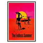 The Endless Summer surfers walking on beach at sunset Poster featuring surfers carrying boards against a stylized sunset backdrop titled The Endless Summer