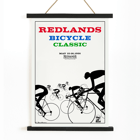 Cyclists racing illustration by Karlis Smiltens titled Redlands bicycle classic Poster of cyclists in race with title Redlands Bicycle Classic by Karlis Smiltens in red, blue, and green text on a white background.