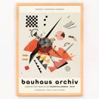 Obra abstracta de la exposición Orange Bauhaus de Wassily Kandinsky. Cartel de la exposición del archivo Bauhaus para la obra Naranja de Wassily Kandinsky con formas geométricas abstractas en varios colores.