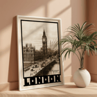 Vintage view of Houses of Parliament and Big Ben in London by Dixon Scott. Poster titled London- Houses of Parliament and Big Ben by Dixon Scott featuring iconic landmarks with sepia-toned imagery