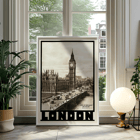 Vintage view of Houses of Parliament and Big Ben in London by Dixon Scott. Poster titled London- Houses of Parliament and Big Ben by Dixon Scott featuring iconic landmarks with sepia-toned imagery