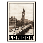 Vintage view of Houses of Parliament and Big Ben in London by Dixon Scott. Poster titled London- Houses of Parliament and Big Ben by Dixon Scott featuring iconic landmarks with sepia-toned imagery