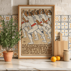 Federal Gymnastics Festival in Basel by Eduard Renggli depicts a group of male gymnasts dressed in white uniforms performing synchronized movements. Poster of athletes in white uniforms with red sashes in a formation by Eduard Renggli titled Federal Gymnastics Festival in Basel.
