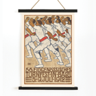Federal Gymnastics Festival in Basel by Eduard Renggli depicts a group of male gymnasts dressed in white uniforms performing synchronized movements. Poster of athletes in white uniforms with red sashes in a formation by Eduard Renggli titled Federal Gymnastics Festival in Basel.