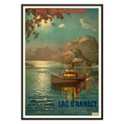 Lac d’Annecy by François-Charles Cachoud featuring a boat on a serene lake with mountains in the background Poster featuring a serene evening scene of a boat on Lac d'Annecy with surrounding mountains and a glowing sky by François-Charles Cachoud.