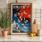 Colorful vintage travel poster with a large red lantern and cherry blossoms by Come to Tokyo. Poster titled Come to Tokyo featuring a large red lantern with cherry blossoms in front of cityscape and pagoda illustrations