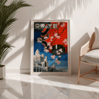 Colorful vintage travel poster with a large red lantern and cherry blossoms by Come to Tokyo. Poster titled Come to Tokyo featuring a large red lantern with cherry blossoms in front of cityscape and pagoda illustrations