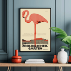 Poster featuring a flamingo and zoo building background from Zoologischer Garten by Julius Klinger Poster titled Zoologischer Garten by Julius Klinger featuring an illustration of a pink flamingo and a building facade below it.