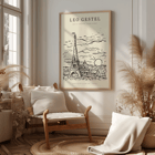 View of the Eiffel Tower in Paris by Leo Gestel Poster with an artwork by Leo Gestel titled View of the Eiffel Tower in Paris showing a sketch of the Eiffel Tower and cityscape.