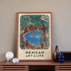 Cover art from Mexican Art & Life featuring colorful forest scene with water and wildlife. Poster featuring a vibrant forest scene with a pond and wildlife by Carlos Mérida from Mexican Art & Life.