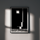 Schwarz-weißes geometrisches abstraktes Kunstwerk von Joost Schmidt von der Bauhaus-Ausstellung Weimar. Poster der Bauhaus-Ausstellung von László Moholy-Nagy mit abstrakten geometrischen Formen in Schwarz und Weiß.