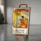 Diego Rivera painting featuring two women working in a vibrant field Mexican Art and Life publication cover. Poster titled Mexican Art & Life featuring two people in white dresses harvesting crops with a vibrant orange and yellow background.