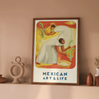 Diego Rivera painting featuring two women working in a vibrant field Mexican Art and Life publication cover. Poster titled Mexican Art & Life featuring two people in white dresses harvesting crops with a vibrant orange and yellow background.