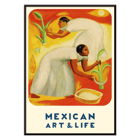 Diego Rivera painting featuring two women working in a vibrant field Mexican Art and Life publication cover. Poster titled Mexican Art & Life featuring two people in white dresses harvesting crops with a vibrant orange and yellow background.