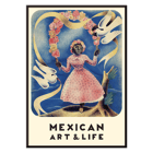 Cover of Mexican Art and Life featuring a girl with doves by Diego Rivera. Poster featuring a girl in a pink dress with floral crown and two white doves Diego Rivera Mexican Art and Life