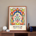 Illustration d'art populaire colorée de Mexican Art and Life par Carlos Merida mettant en vedette des oiseaux et des musiciens vibrants. Affiche d'art populaire colorée avec des musiciens, des fleurs, des oiseaux et des motifs vibrants. Numéro Art et Vie Mexicains par Anonymous.