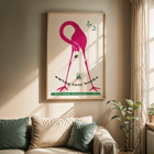 Flamingo holding a swinging book with butterflies by Swing into Books. Poster featuring a pink flamingo holding a swinging monkey with a book butterflies around art piece titled Swing into books