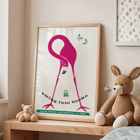 Flamingo holding a swinging book with butterflies by Swing into Books. Poster featuring a pink flamingo holding a swinging monkey with a book butterflies around art piece titled Swing into books