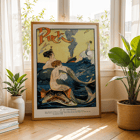 Mermaids sewing in vibrant ocean scene by Puck Magazine titled Mermaids sewing by artist Louis M Glackens Colorful vintage poster featuring mermaids in the ocean with a boat in the background by artist anonymously depicted. Puck Magazine.