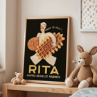 Chef holding waffles with the text dessert de choix by Leon Dupin titled Rita Gaufres. Poster of a chef holding waffles with the text Rita Gaufres Leon Dupin promoting desserts on a vintage style background.